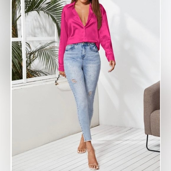 Hot Pink Satin Button Down Blouse - Picture 4 of 6